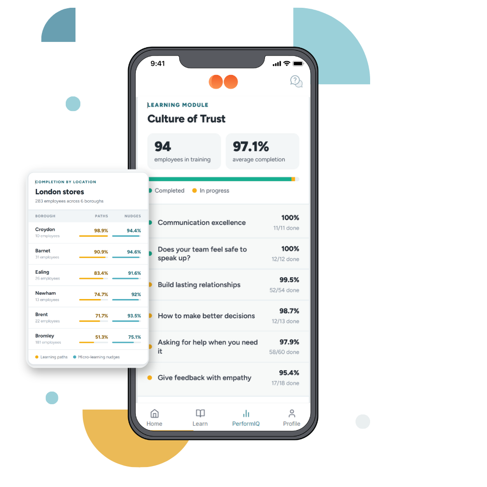 Moonstar training analytics showing completion by learning module and by store location