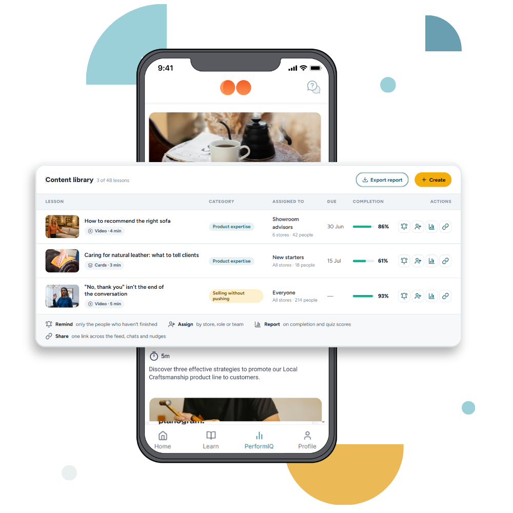 Moonstar content library listing lessons with the assigned audience, due date and completion rate