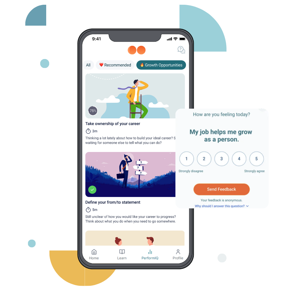 Moonstar app showing a pulse check survey and growth-opportunity content
