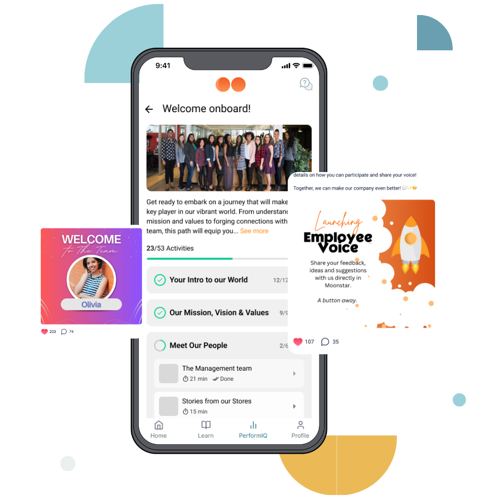 Moonstar onboarding journey with a welcome card and new-hire activity checklist