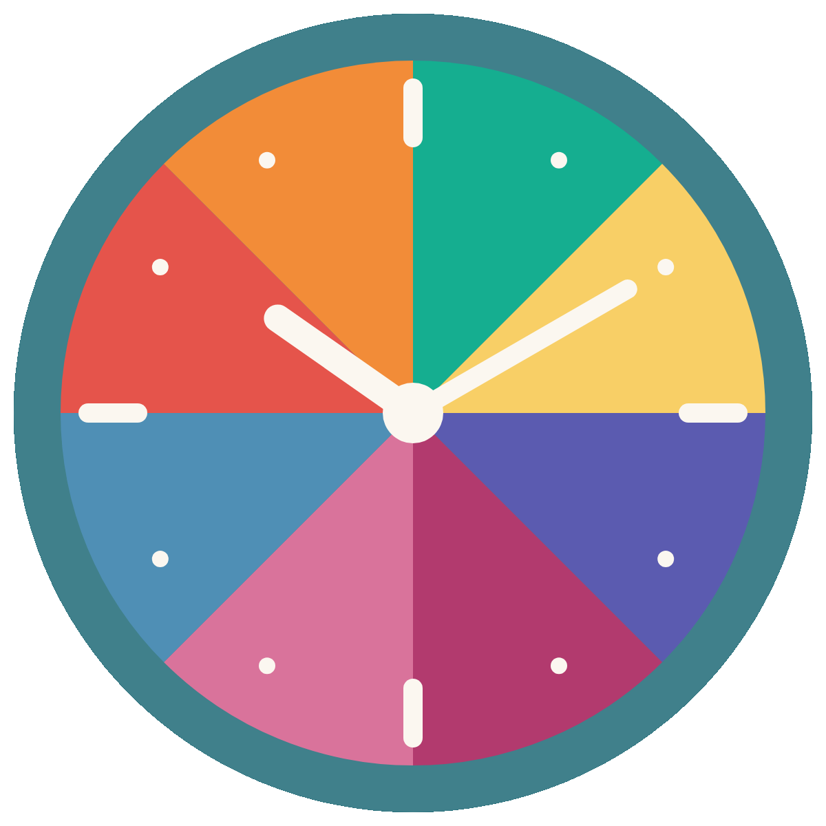 Clock with the store day split into coloured segments, from opening to close